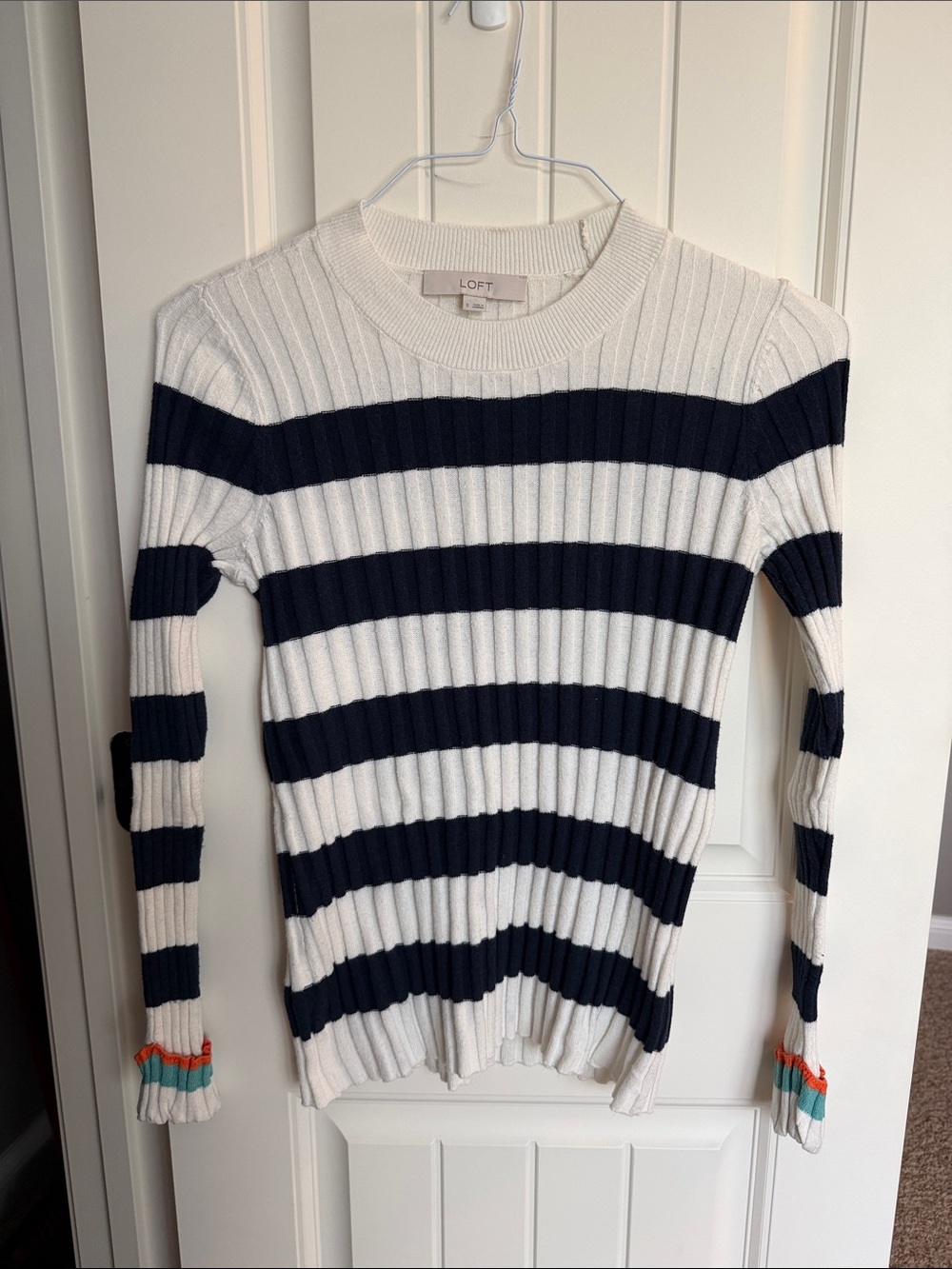 LOFT Navy and White Ribbed Crewneck Sweater with Color-Trim Cuffs